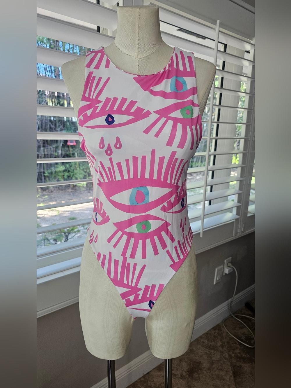 LC Lizette Collection Eye Print Bodysuit Pink And White M